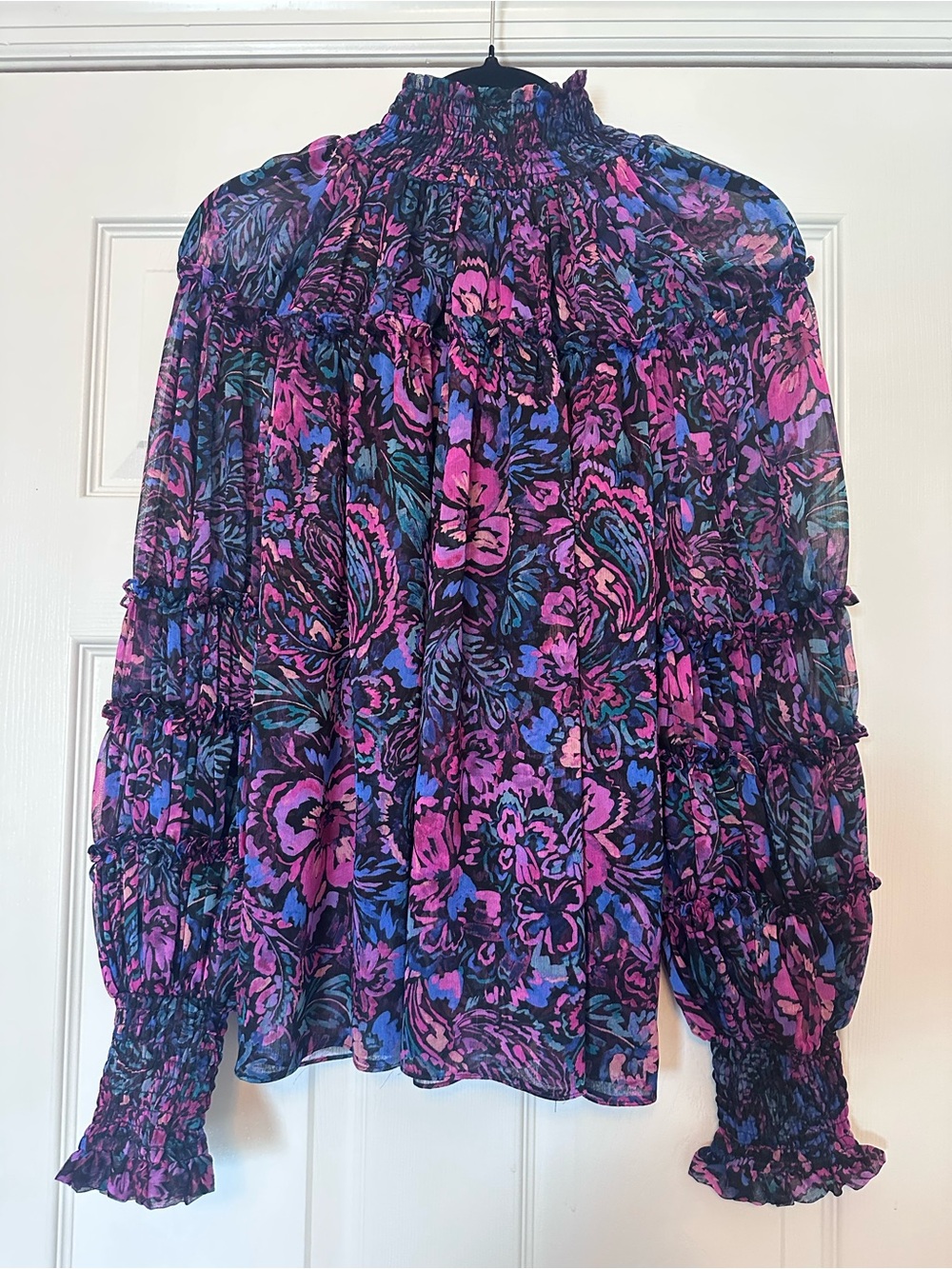 MISA Rosalind Top Flora Electric Print Pink Blue Multi Ruffle Smock Neck -Small